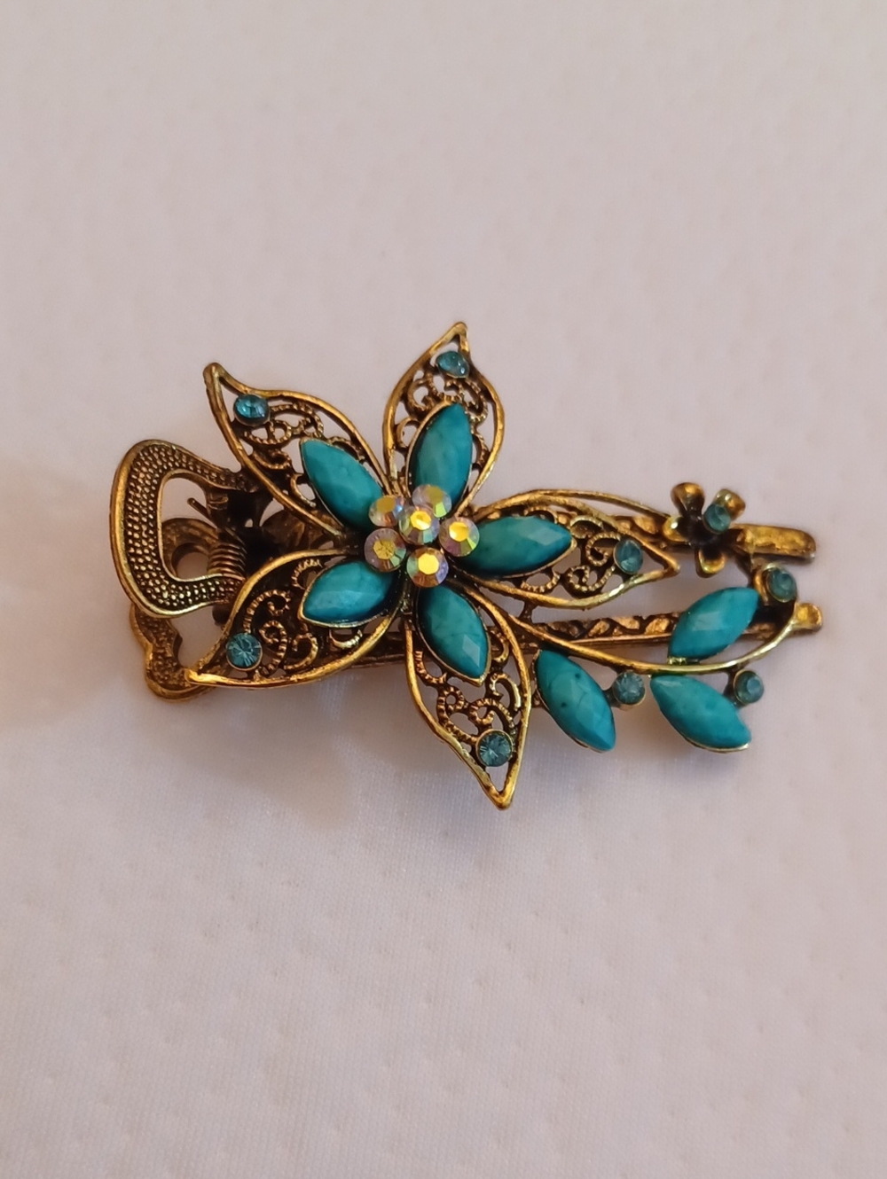 Gold-Tone Floral Hair Clip with Turquoise Stones - Picture 1 of 8